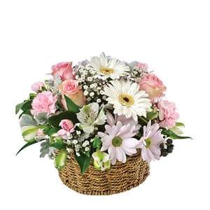 Basket of Pink Roses N White Gerberas
